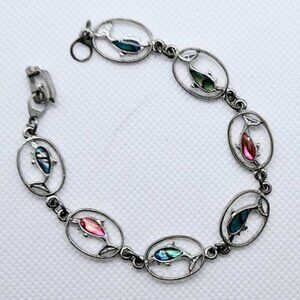 Beautiful Silver Tone Dolphin Link Bracelet With Colorful Backs